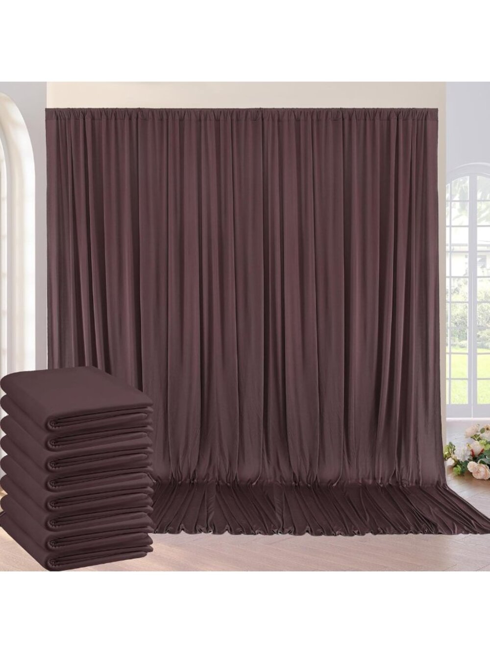 40ft x 10ft Wrinkle-Free Brown Backdrop Curtain - 8 Soft Silky Panels for